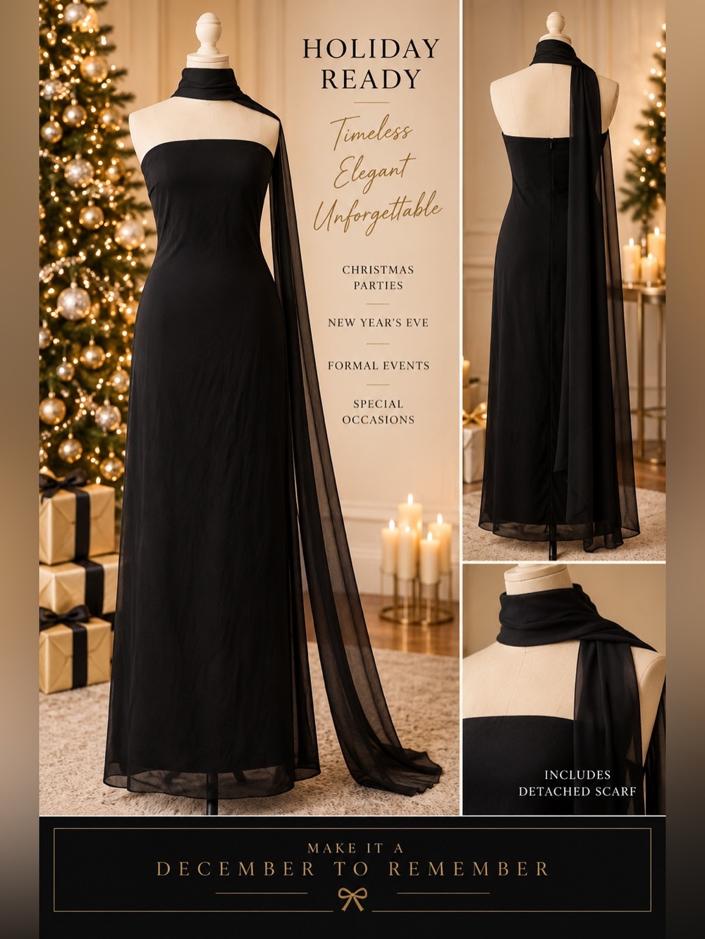 Lulus Rawya Black Strapless Maxi Dress & Scarf Set Holiday Formal NWOT